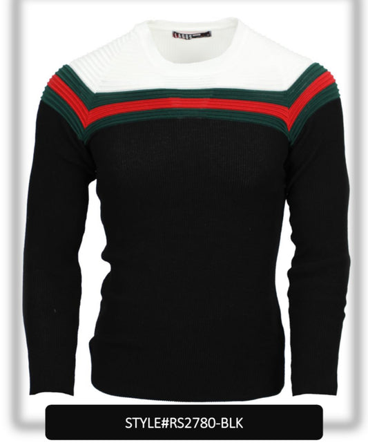 Lagos Red Men's Slim Fit Black Ribbed Sweater | Red and Green Stripe