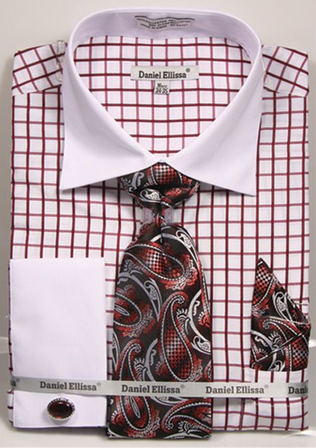 Daniel Ellissa Men's French Cuff Shirt Set - Two Tone Checker | DS3789P2 Burgundy