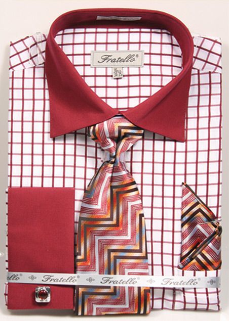 Fratello Men's French Cuff Dress Shirt Set - Two Tone Checker | FRV4138P2 Burgundy