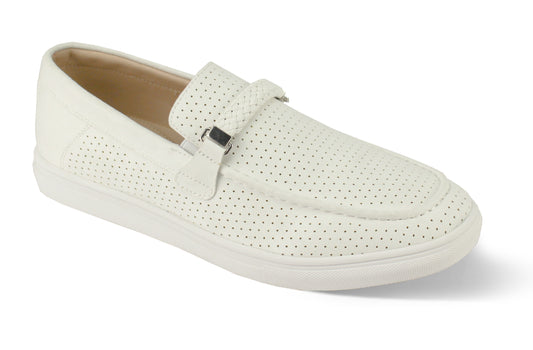 718 White Moc Toe Woven Strap Slip-on Perforated Suede-like Casual Men's Loafer Style: 6998