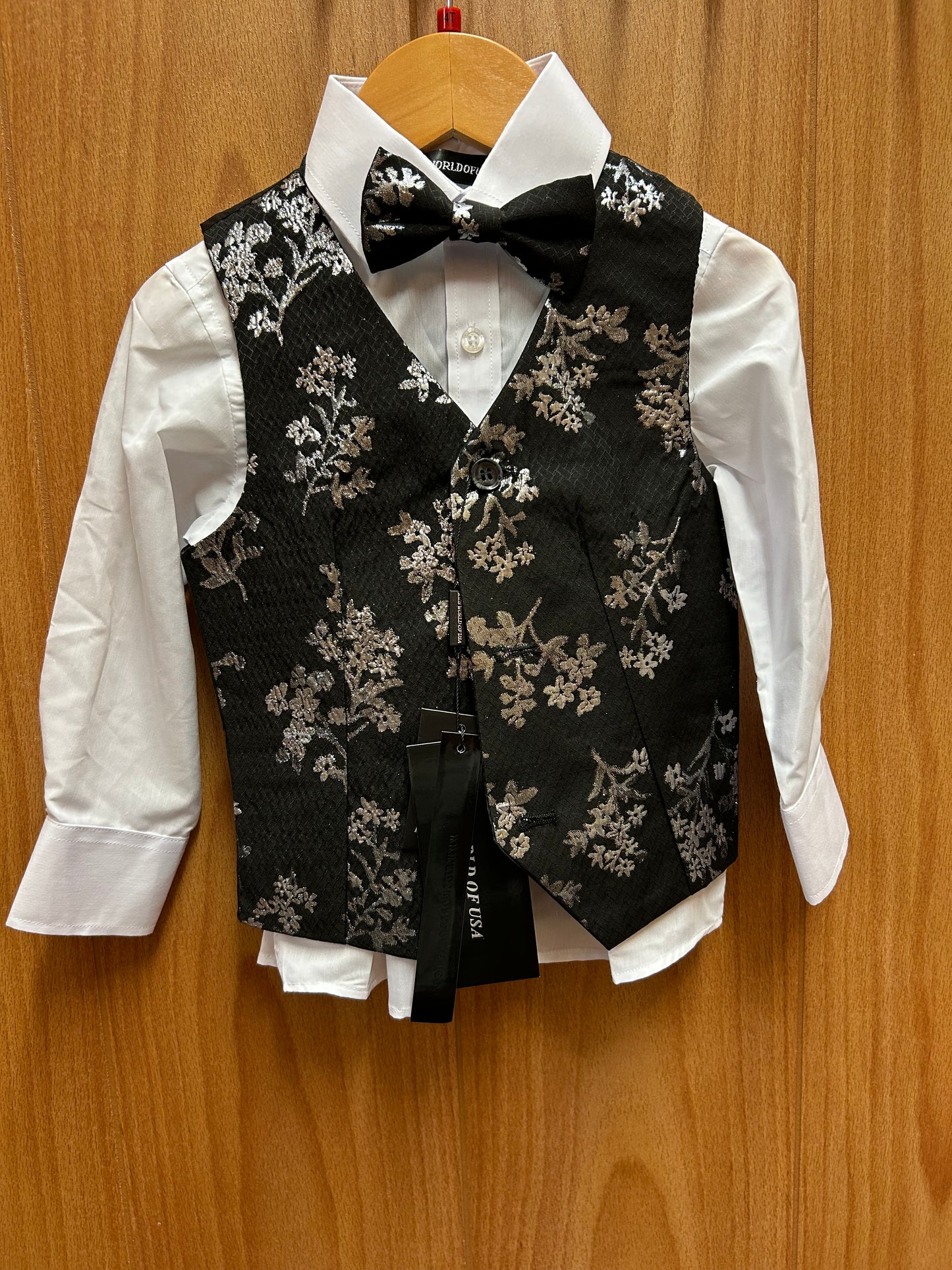 Kids World Of USA Black/Silver Vest Set with matching bow tie and white dress shirt