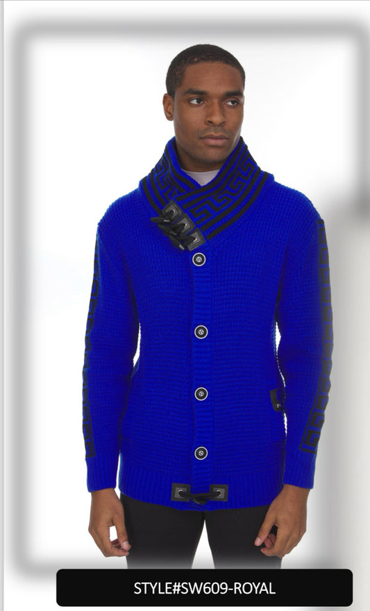 Suslo Couture  Men's Royal Blue Button Up Sweater | Meander Print