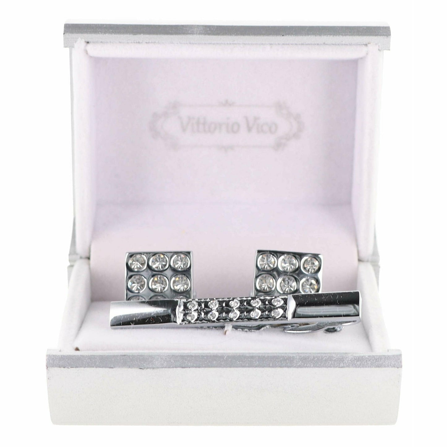 Vittorio Vico Silver Rhinestone Cufflinks & Tie Bar Set