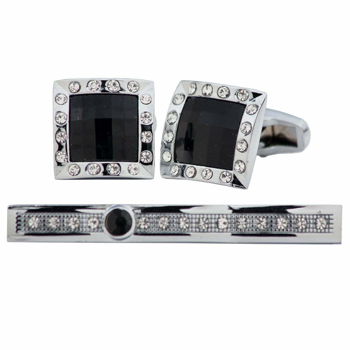 Vittorio Vico Silver Rhinestone Cufflinks & Tie Bar Set