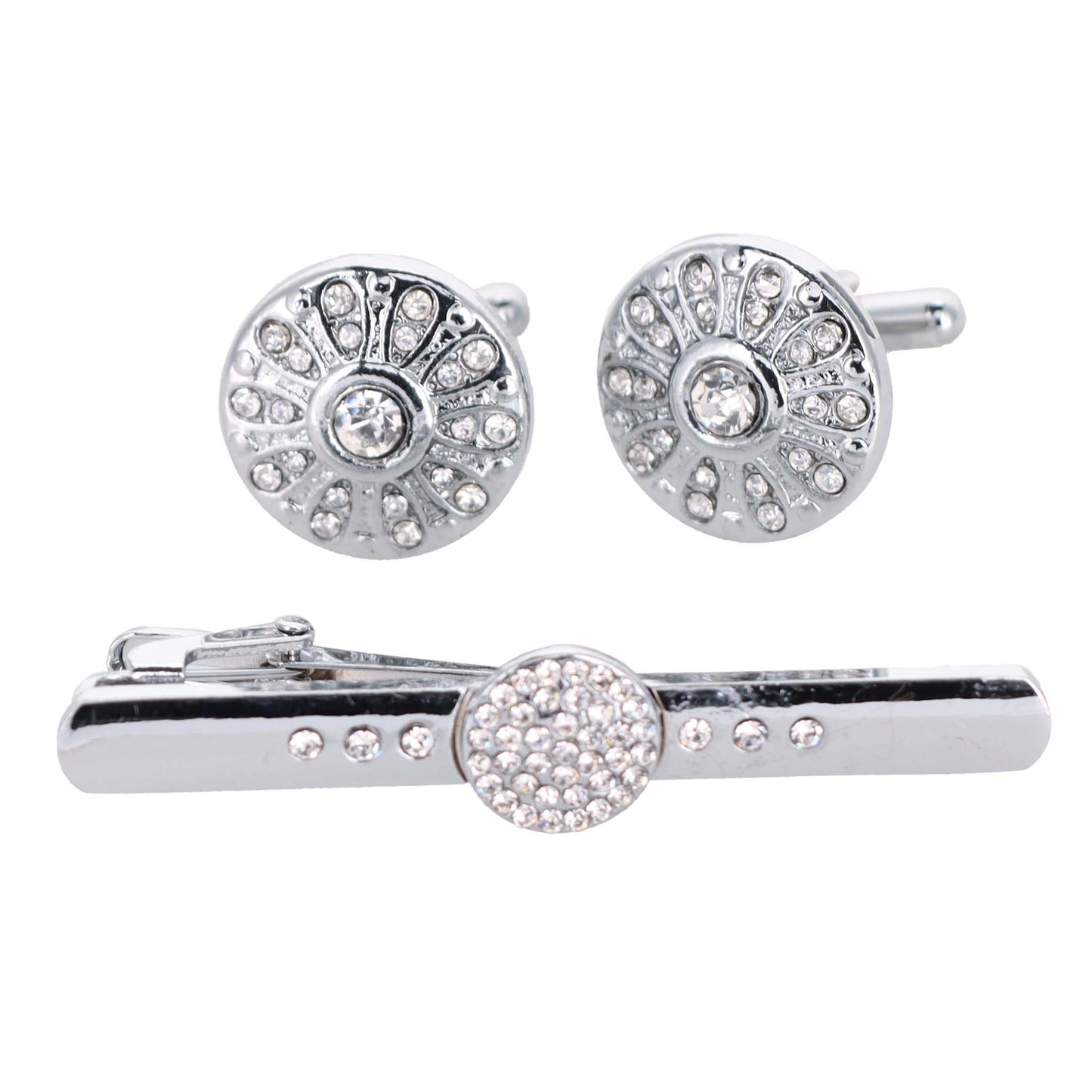 Vittorio Vico Silver Rhinestone Cufflinks & Tie Bar Set