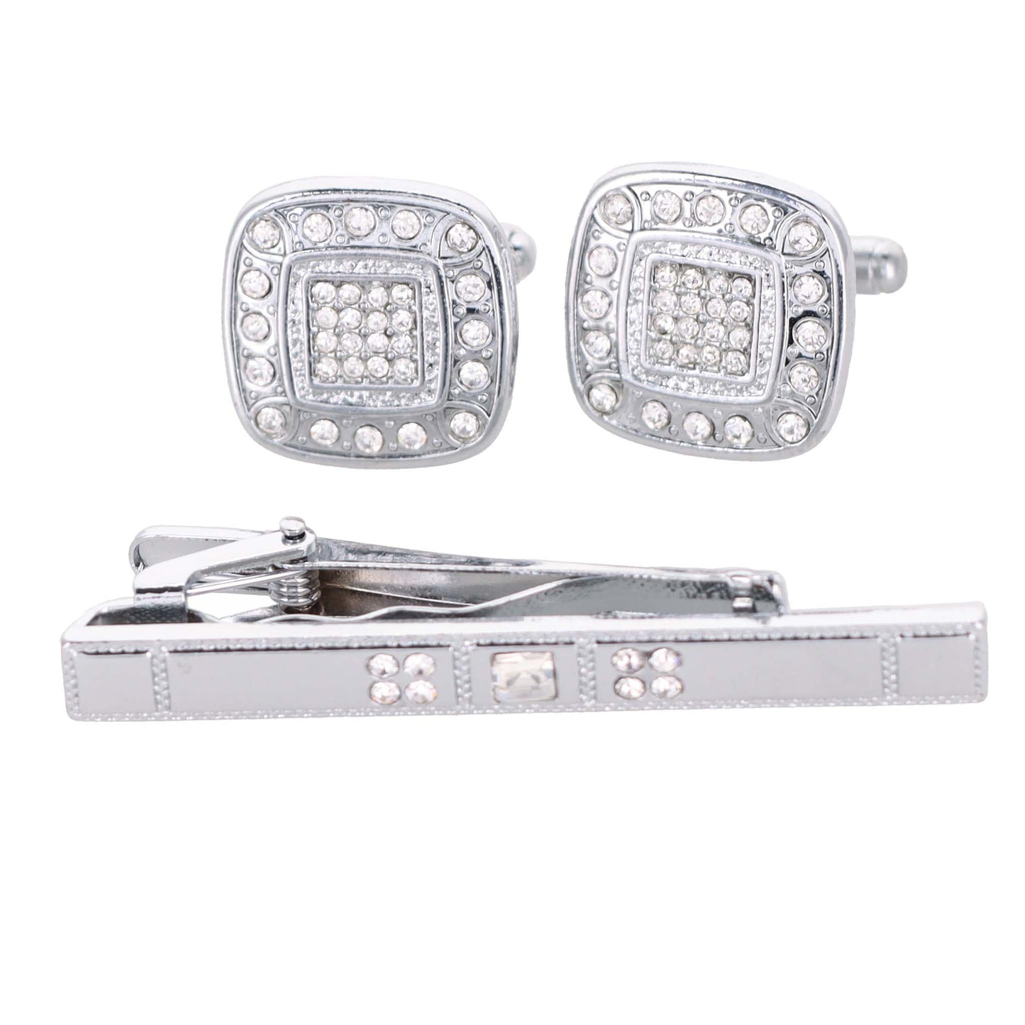 Vittorio Vico Silver Rhinestone Cufflinks & Tie Bar Set