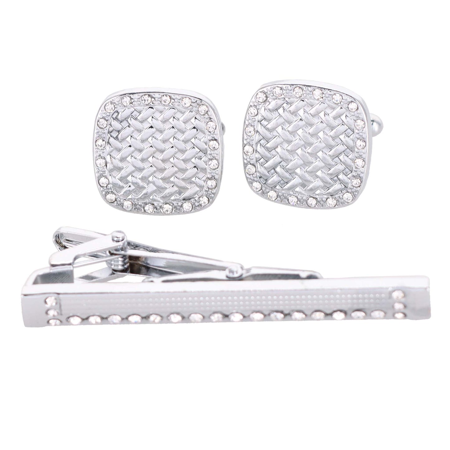 Vittorio Vico Silver Rhinestone Cufflinks & Tie Bar Set