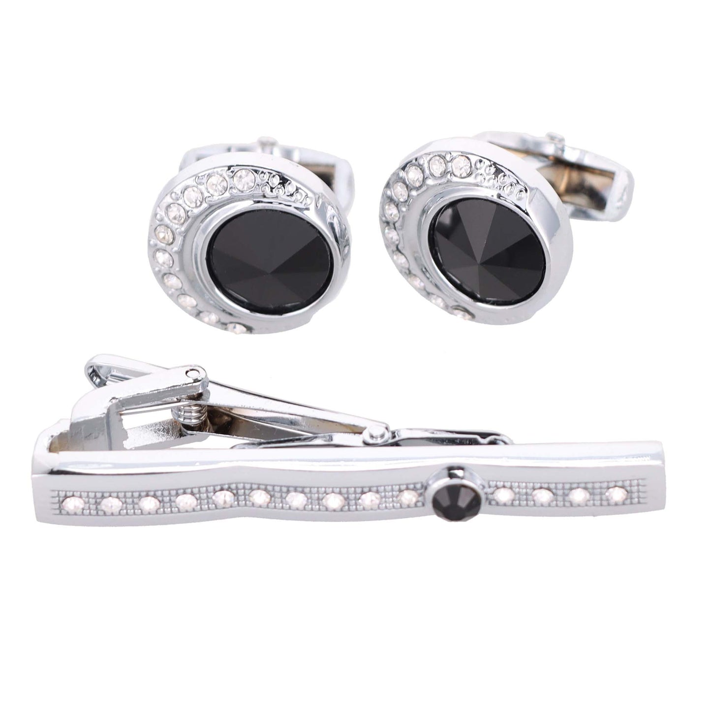 Vittorio Vico Silver Rhinestone Cufflinks & Tie Bar Set