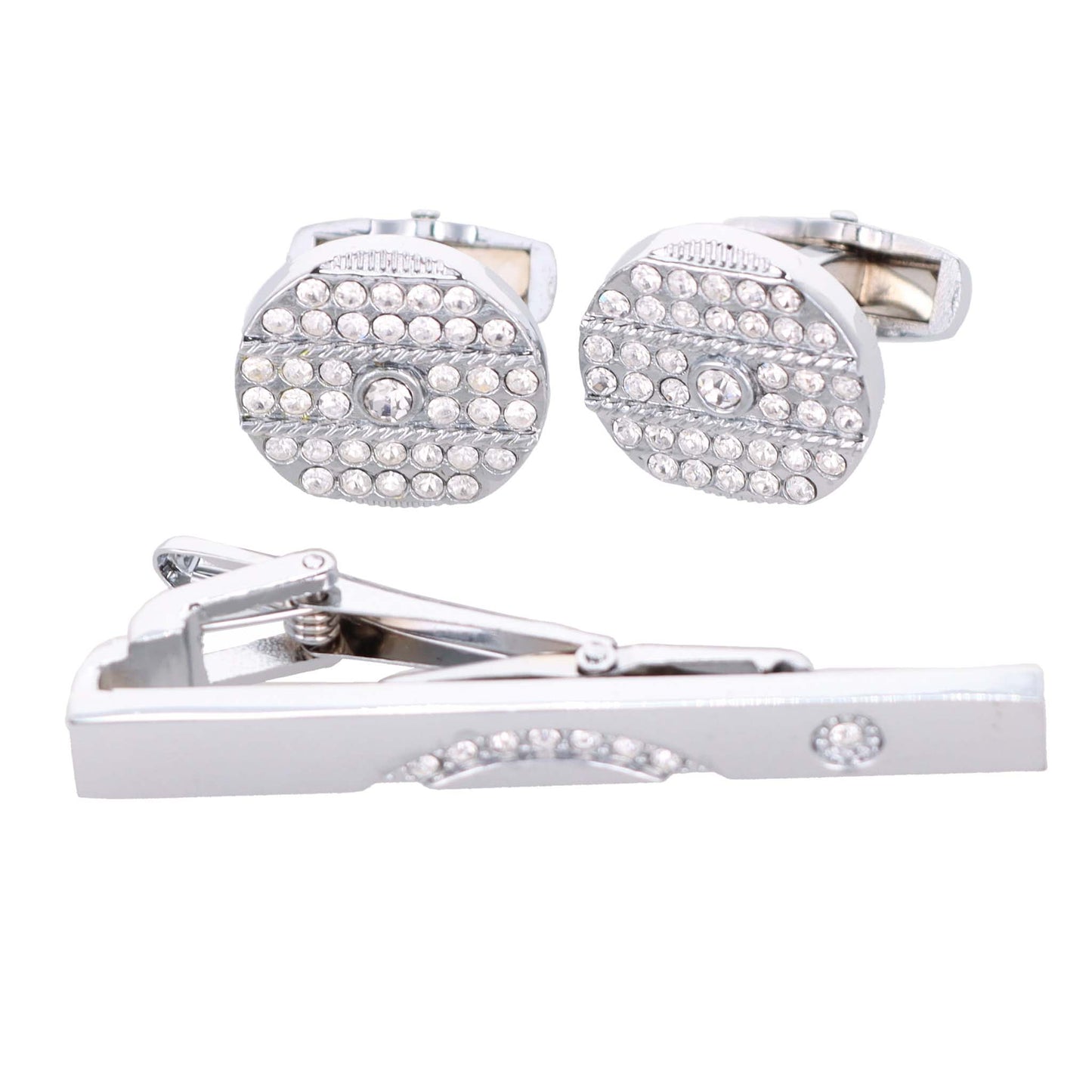 Vittorio Vico Silver Rhinestone Cufflinks & Tie Bar Set