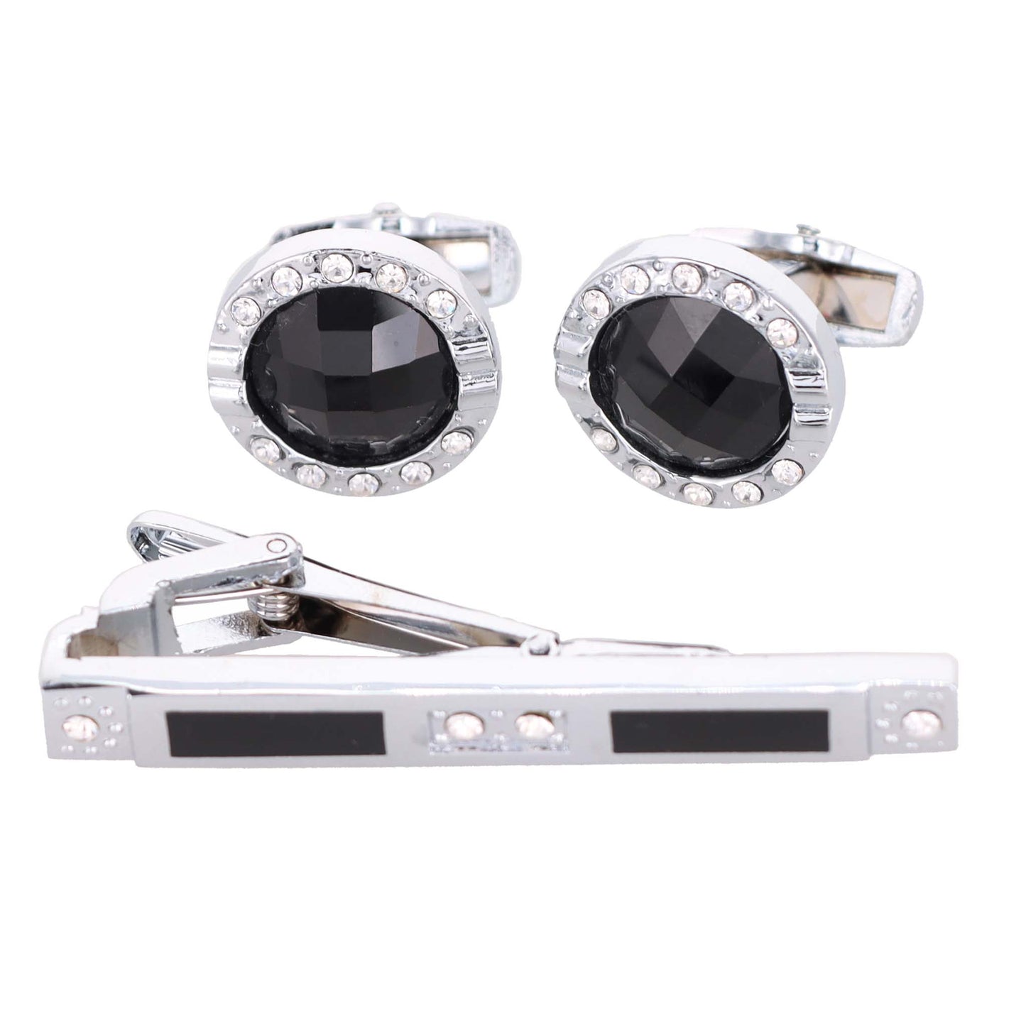 Vittorio Vico Silver Rhinestone Cufflinks & Tie Bar Set