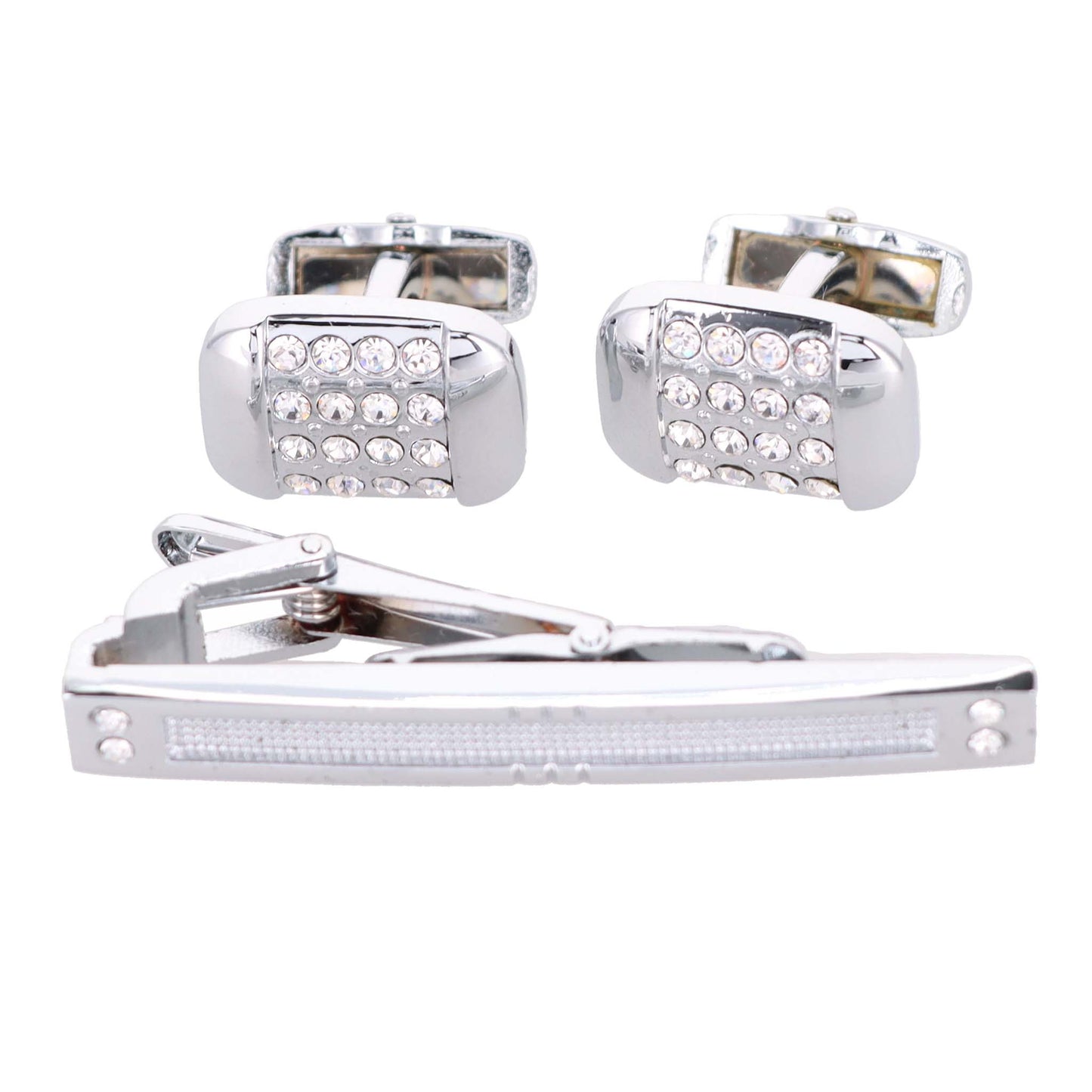 Vittorio Vico Silver Rhinestone Cufflinks & Tie Bar Set