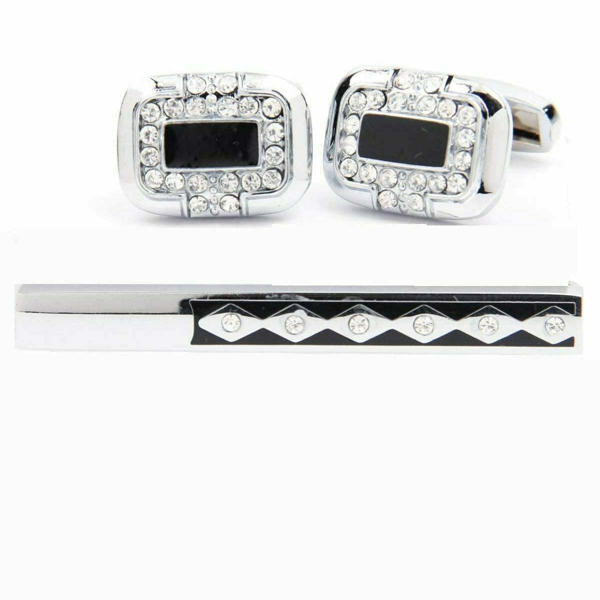 Vittorio Vico Silver Rhinestone Cufflinks & Tie Bar Set