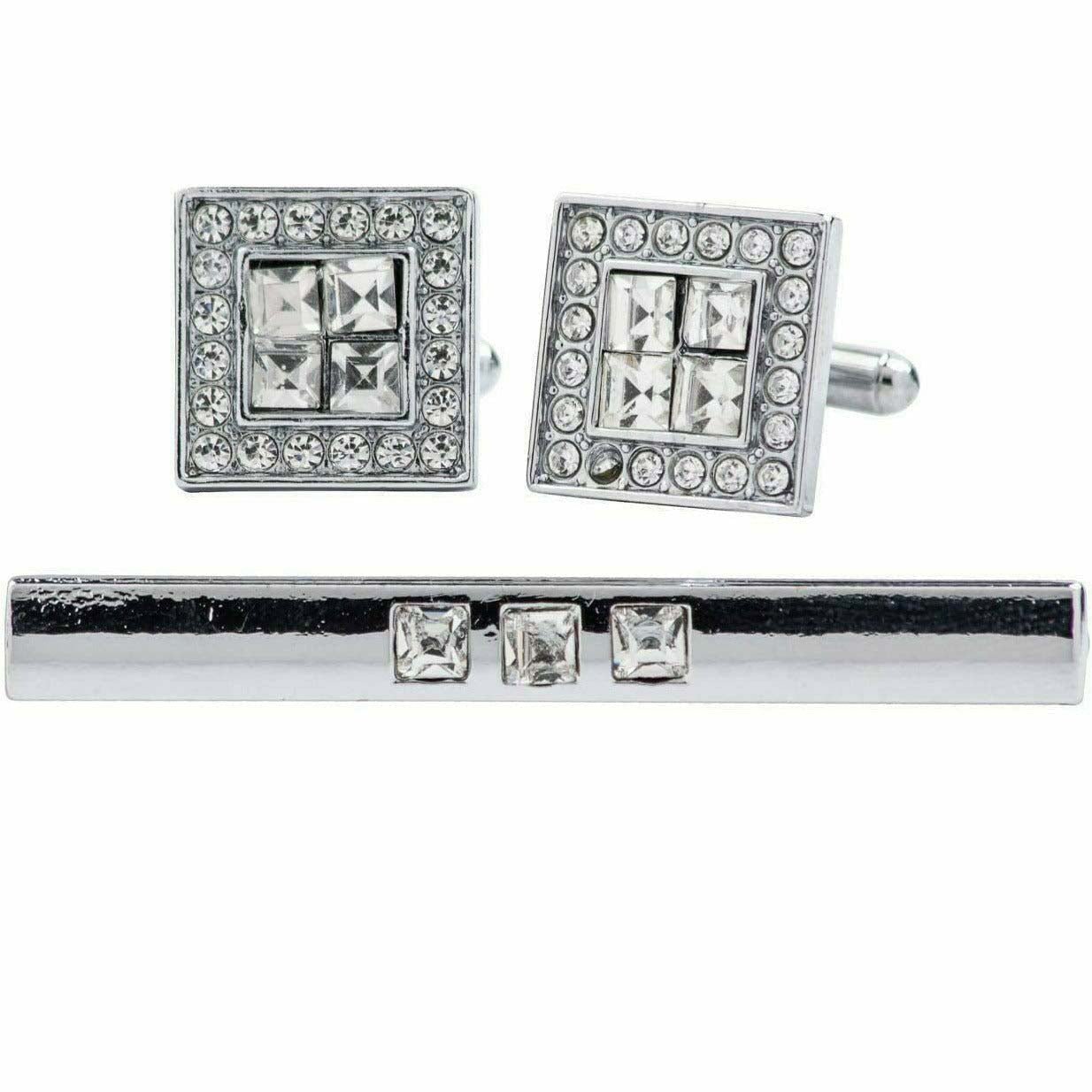 Vittorio Vico Silver Rhinestone Cufflinks & Tie Bar Set