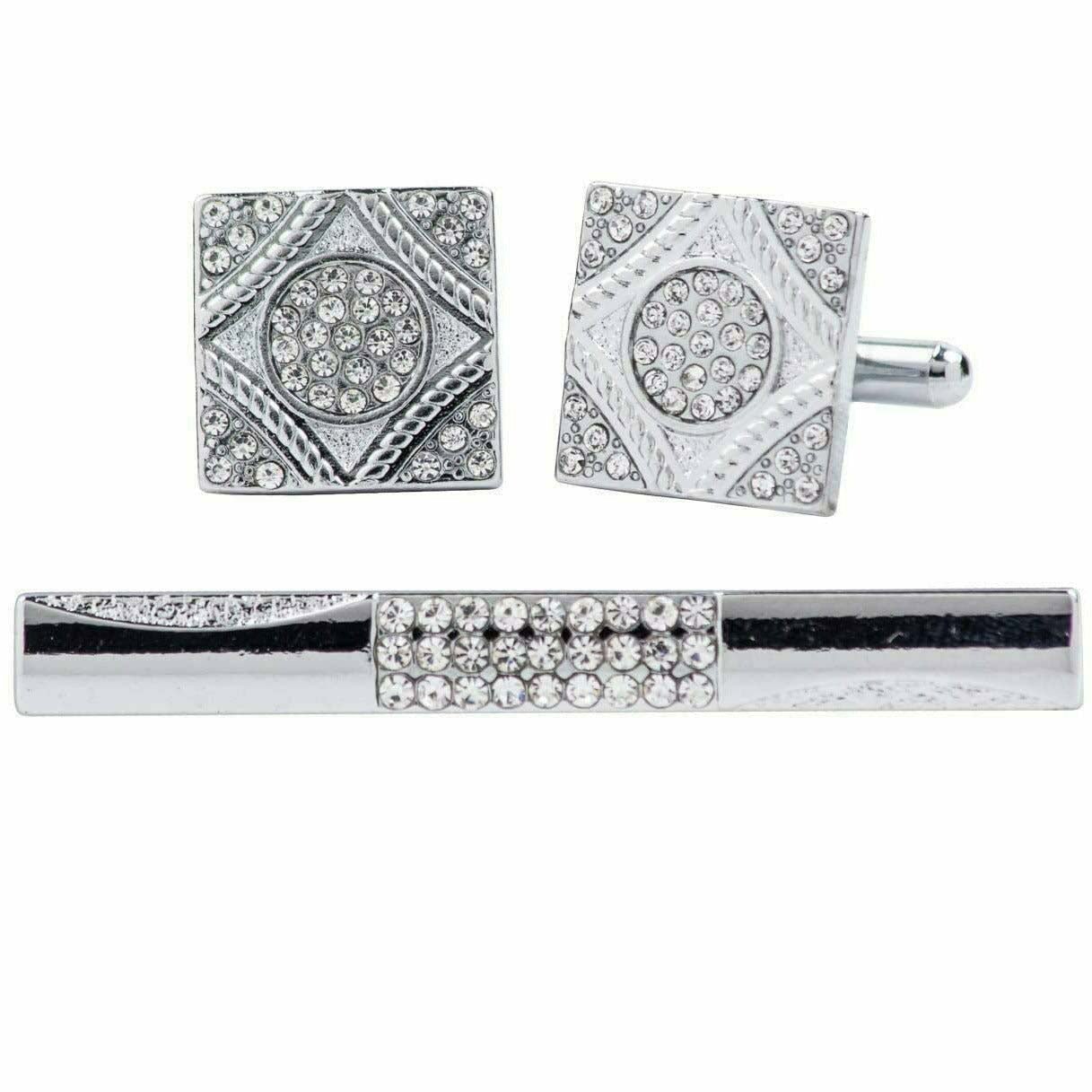 Vittorio Vico Silver Rhinestone Cufflinks & Tie Bar Set