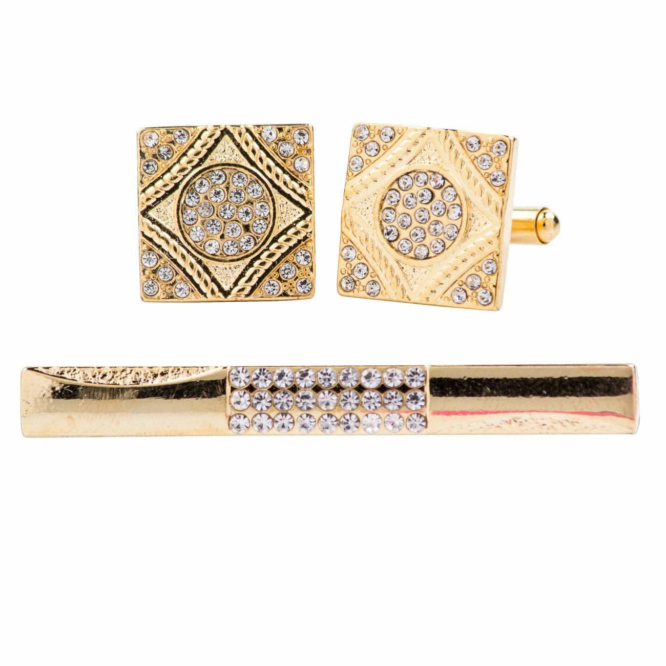 Vittorio Vico Gold Rhinestone Cufflinks & Tie Bar Set