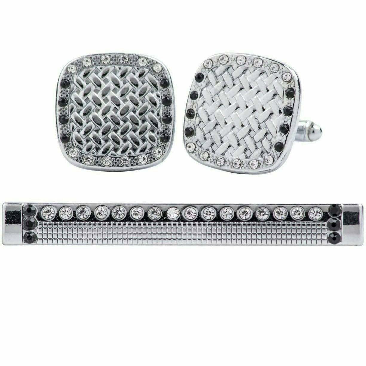 Vittorio Vico Silver Rhinestone Cufflinks & Tie Bar Set