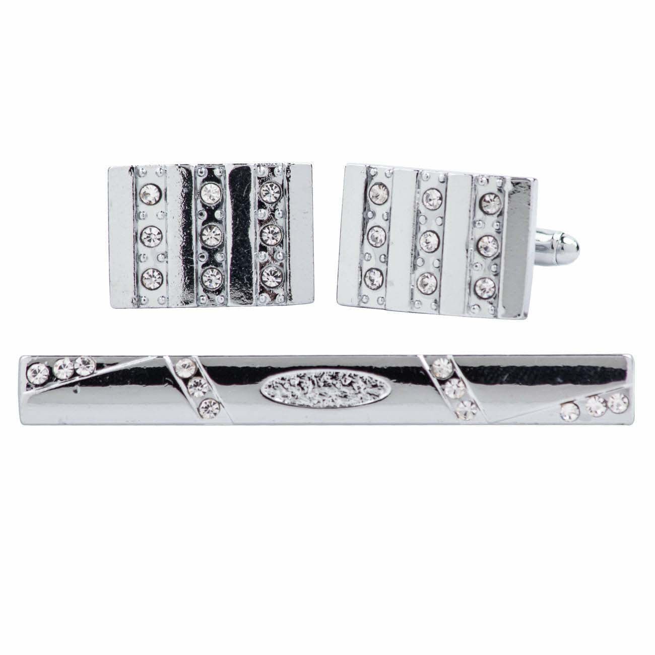 Vittorio Vico Silver Rhinestone Cufflinks & Tie Bar Set