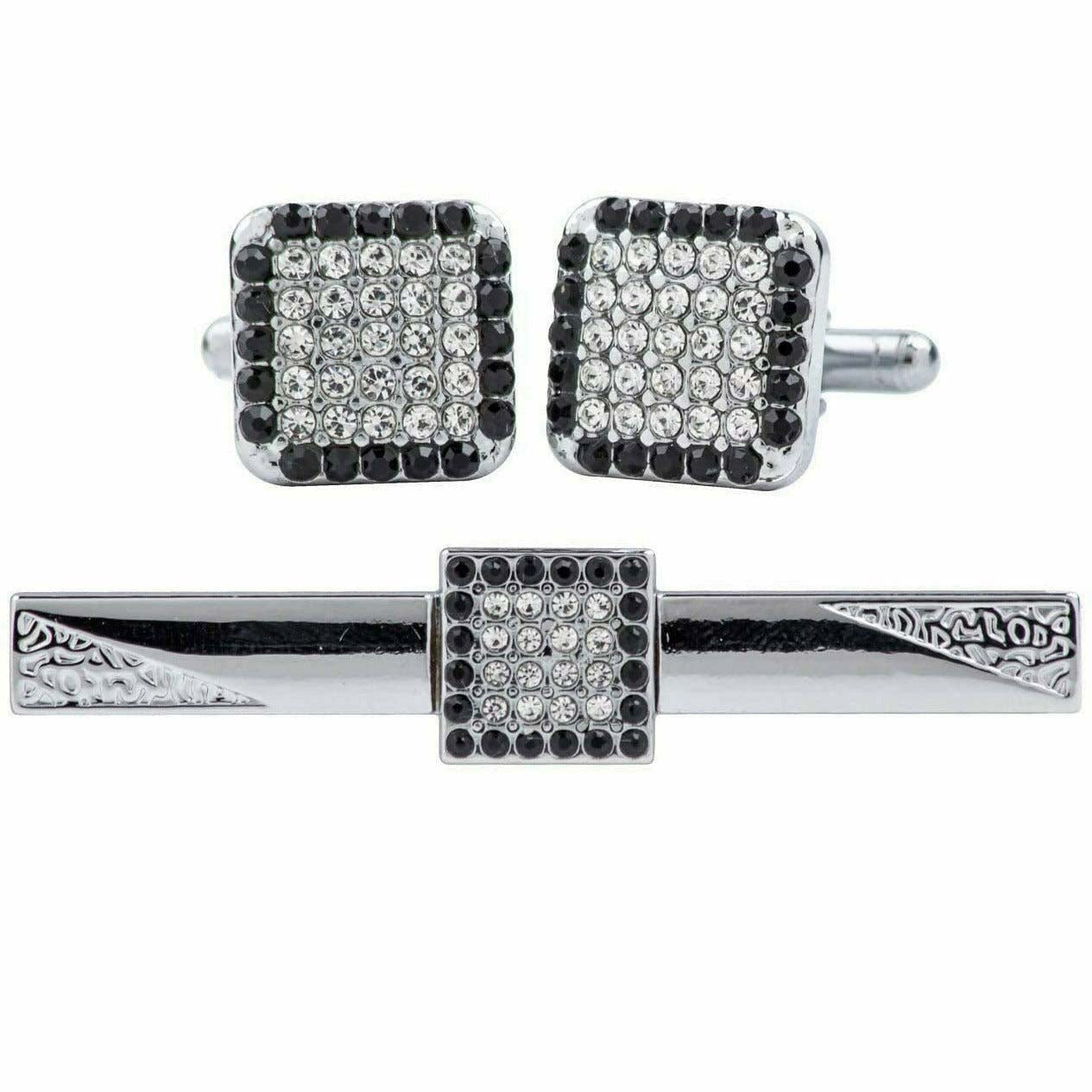 Vittorio Vico Silver Rhinestone Cufflinks & Tie Bar Set