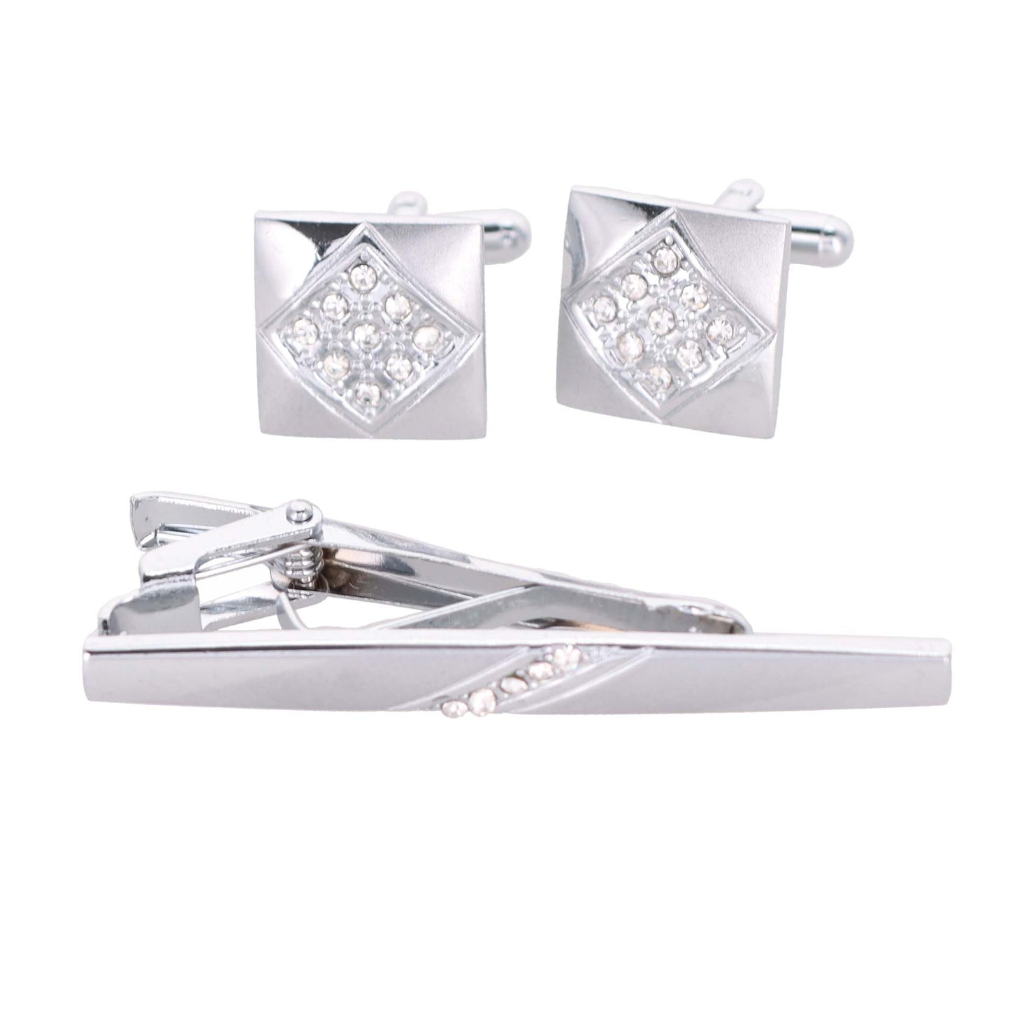 Vittorio Vico Silver Rhinestone Cufflinks & Tie Bar Set