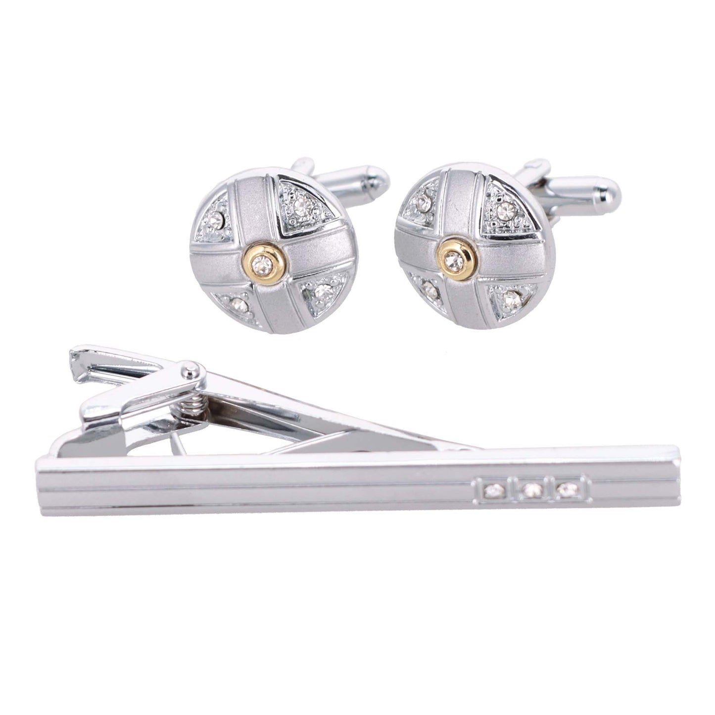 Vittorio Vico Silver Rhinestone Cufflinks & Tie Bar Set