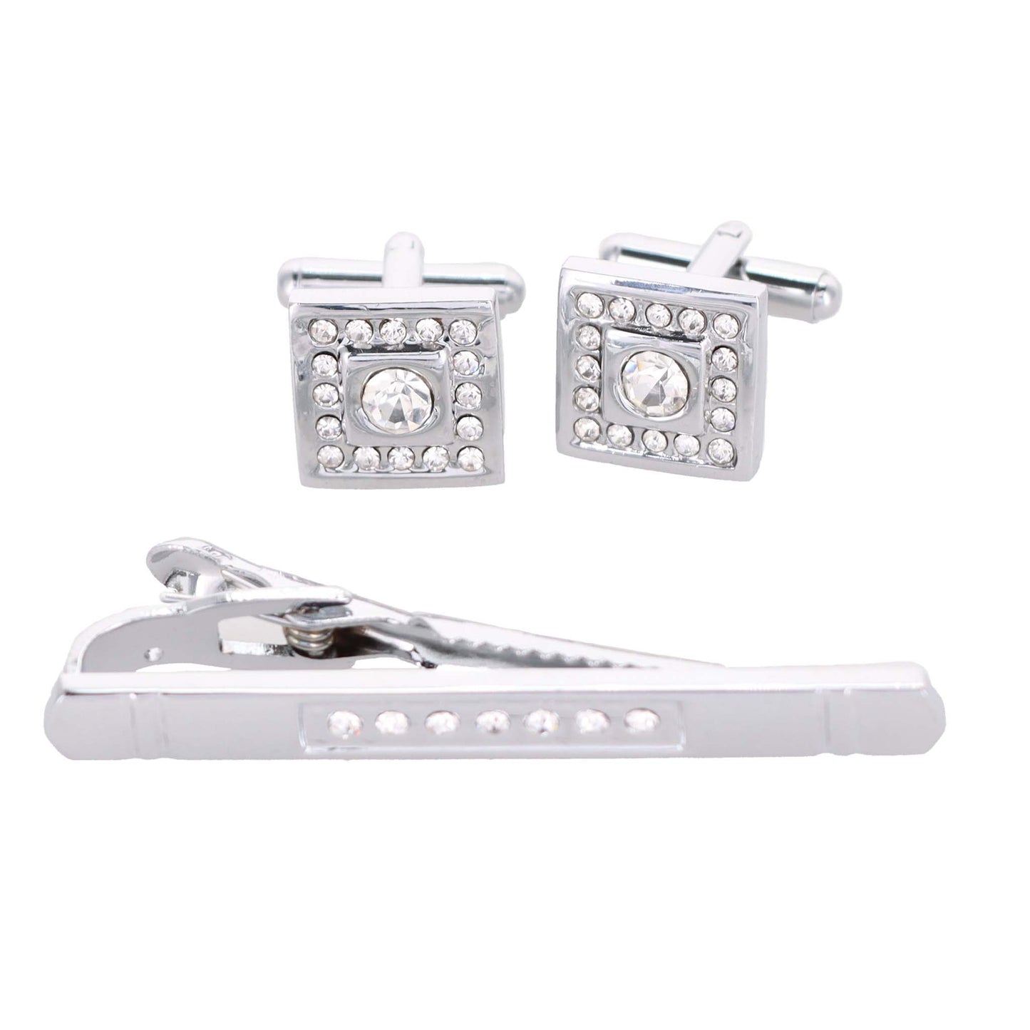 Vittorio Vico Silver Rhinestone Cufflinks & Tie Bar Set