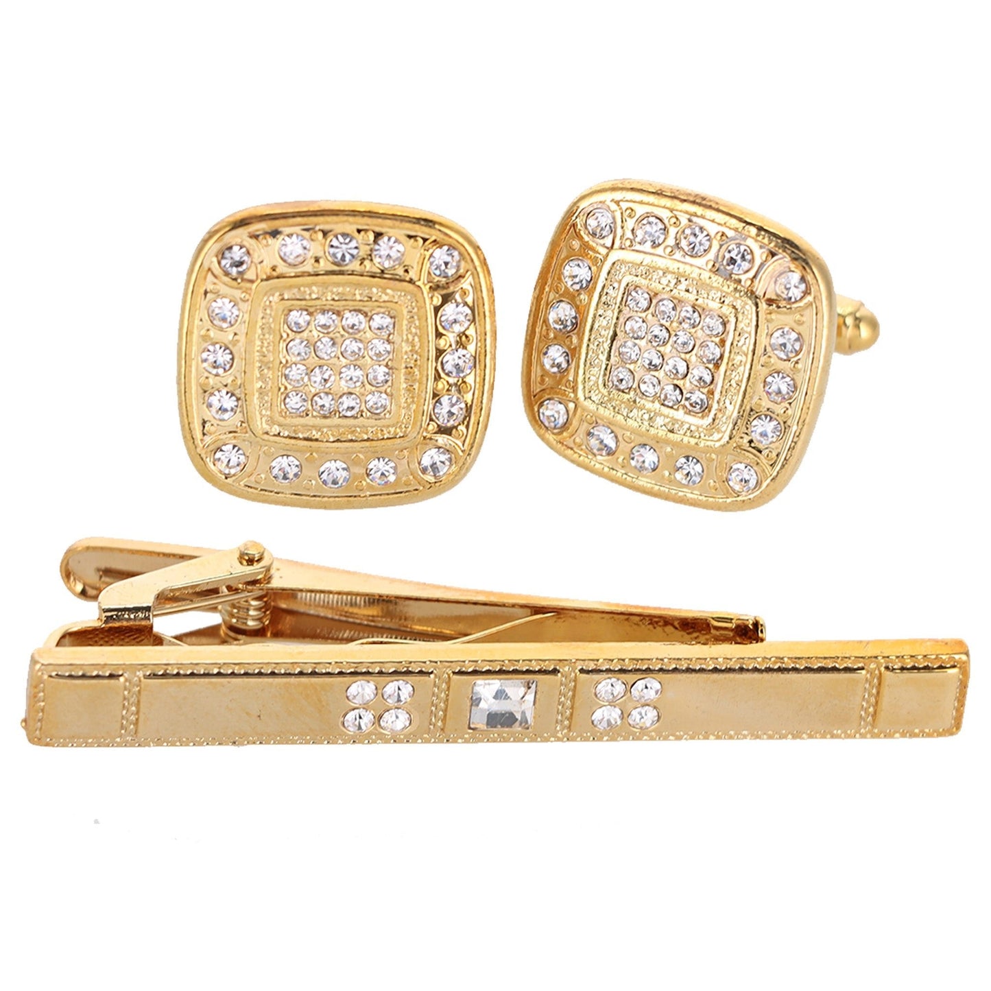 Vittorio Vico Gold Rhinestone Cufflinks & Tie Bar Set