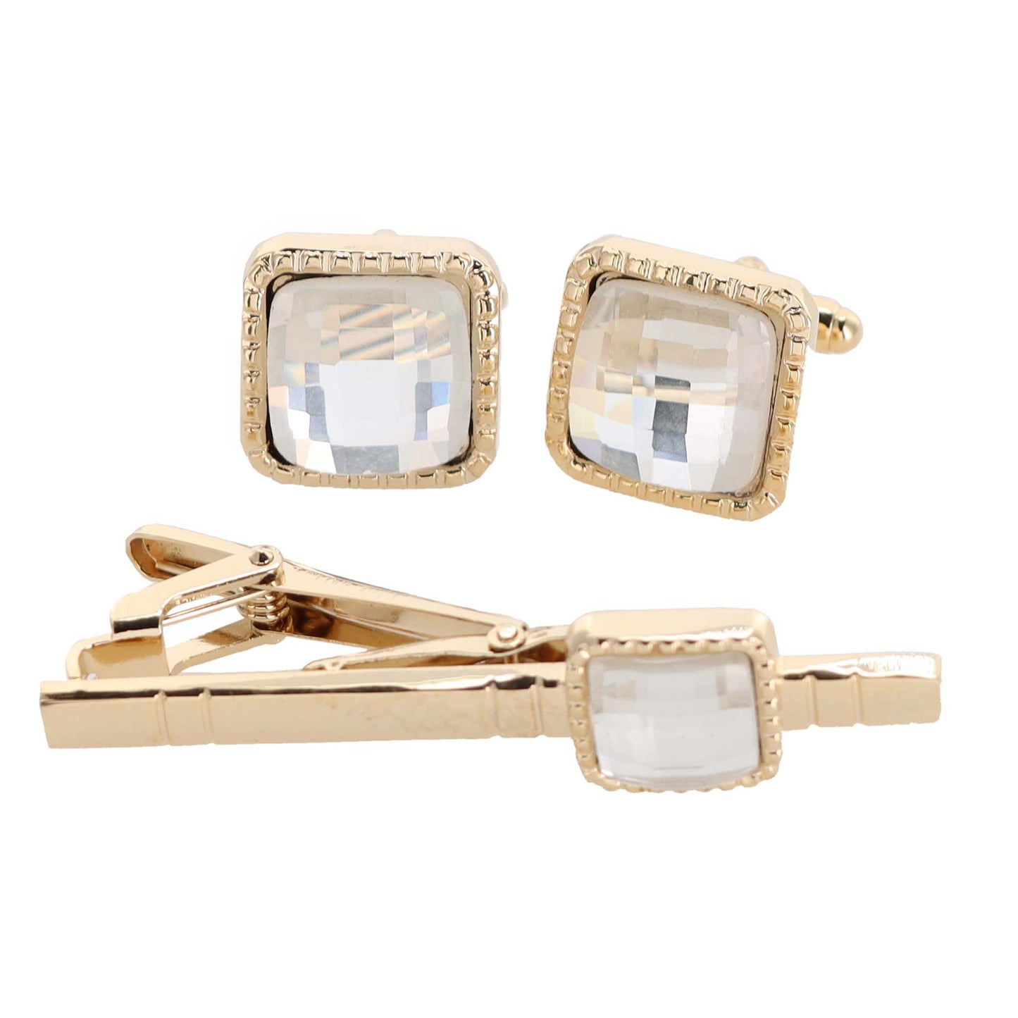 Vittorio Vico Square Colored Crystal Cufflinks & Tie Bar Set