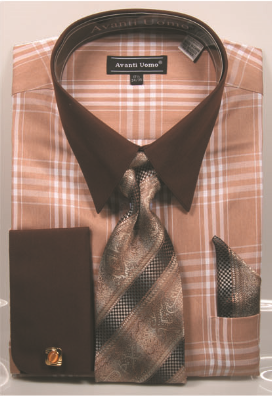 Avanti Uomo Men's French Cuff Shirt Set - Unique Windowpane | DN99M Beige