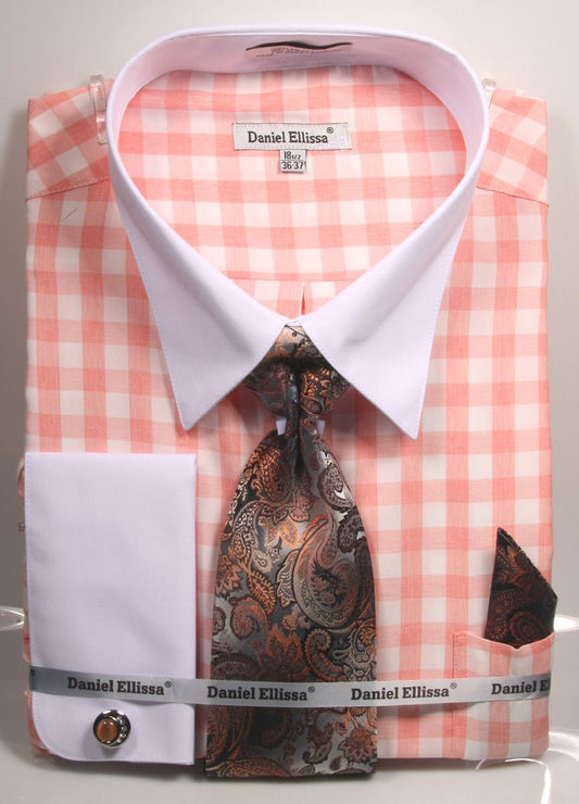 Daniel Ellissa Men's French Cuff Shirt Set - Soft Checkerboard | DS3804P2 Salmon