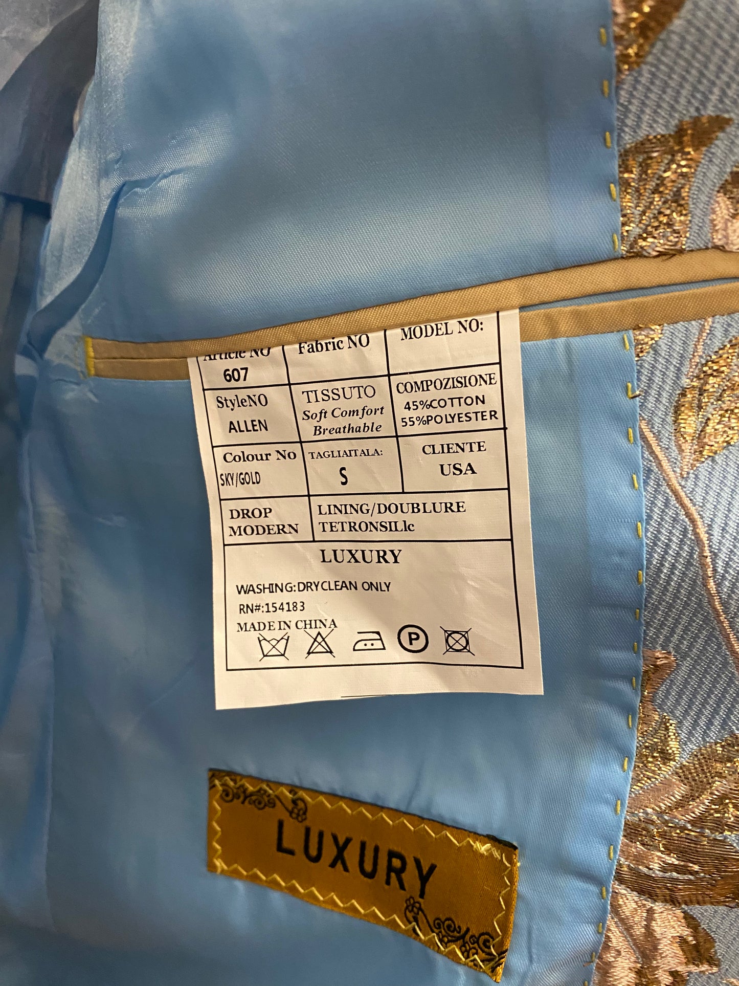 Luxury Sky Blue/Gold Floral 2-Piece Modern Fit Suit