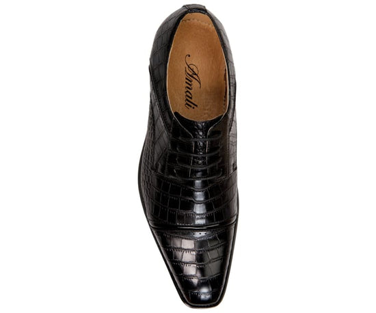 Amali Eberly Black Croc Print Oxford Men's Lace Up Dress Shoes | Woodgrain sole