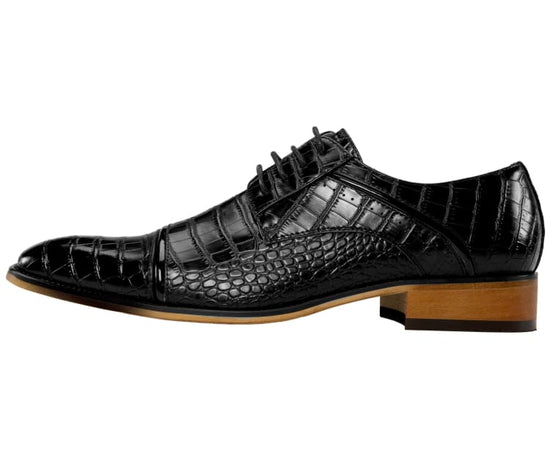 Amali Eberly Black Croc Print Oxford Men's Lace Up Dress Shoes | Woodgrain sole