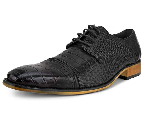 Amali Eberly Black Croc Print Oxford Men's Lace Up Dress Shoes | Woodgrain sole