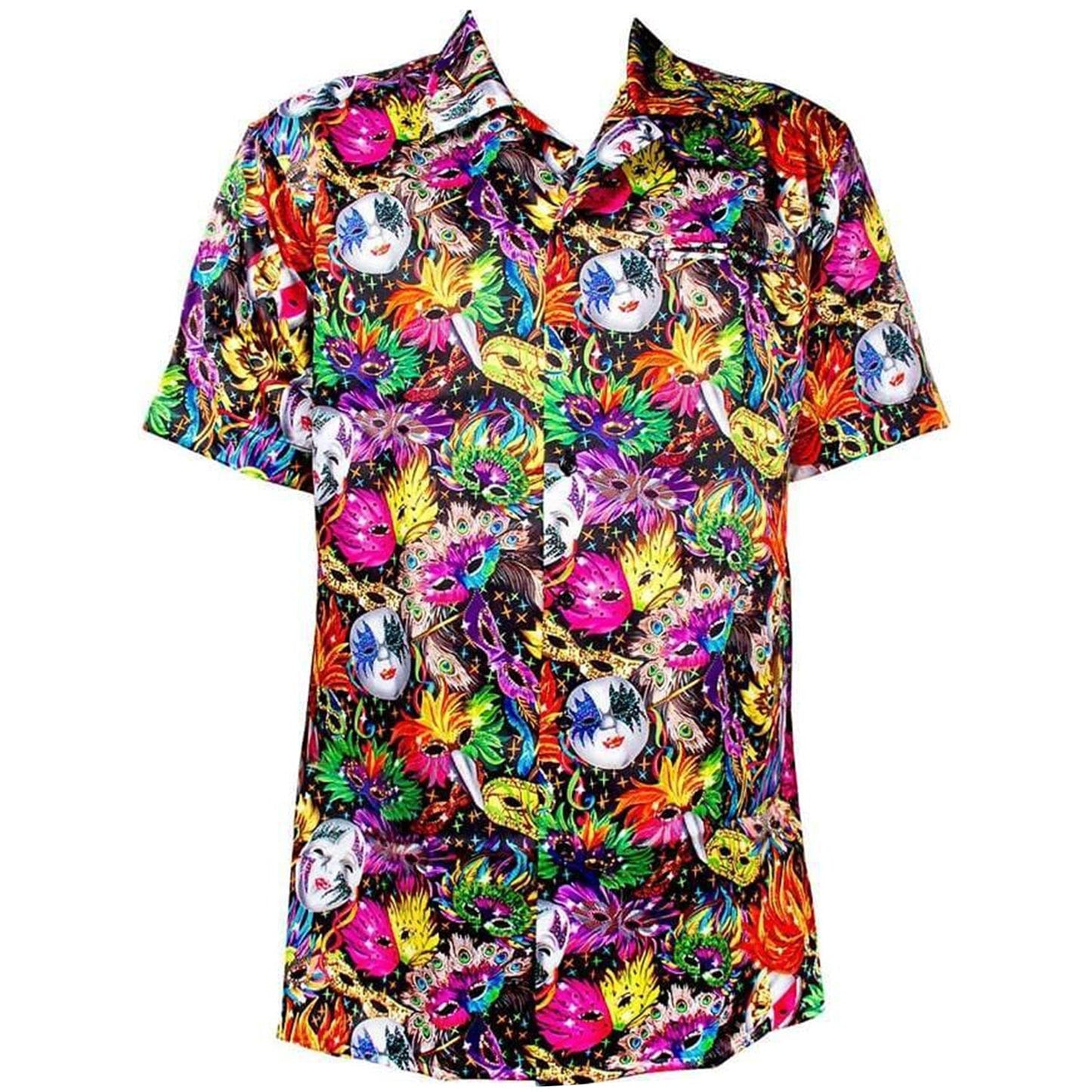 Vittorio Farina Vibrant Colorful Party Mask Print Mardi Gras Button Down Collar shirt