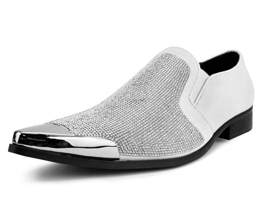 Bolano Dezzy Rhinestone Encrusted Smoking Slip-on Tuxedo Men's Dress Shoes | Dezzy White