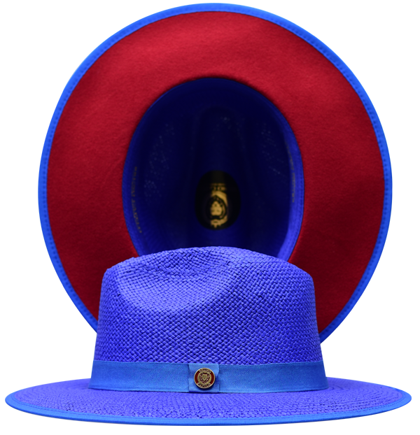 Bruno Capelo Kingdom Straw Fedora Flat Wide Brim Hat | KI-516 Royal Blue with Red undertone