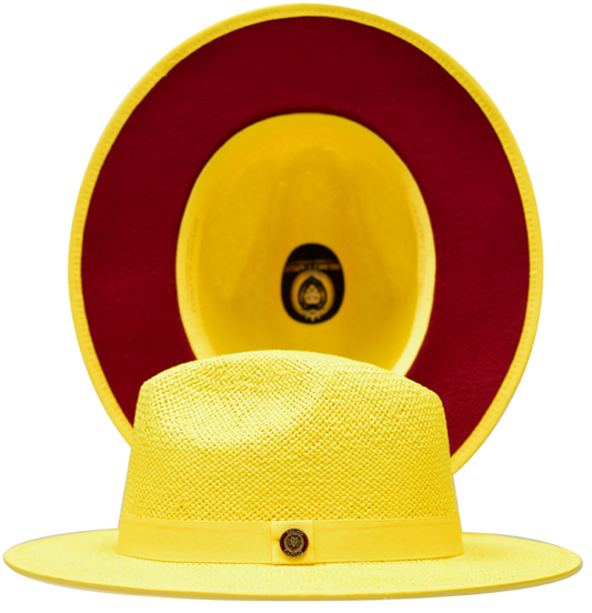 Bruno Capelo Kingdom Straw Fedora Flat Wide Brim Hat | KI-517 Yellow Gold with Red undertone