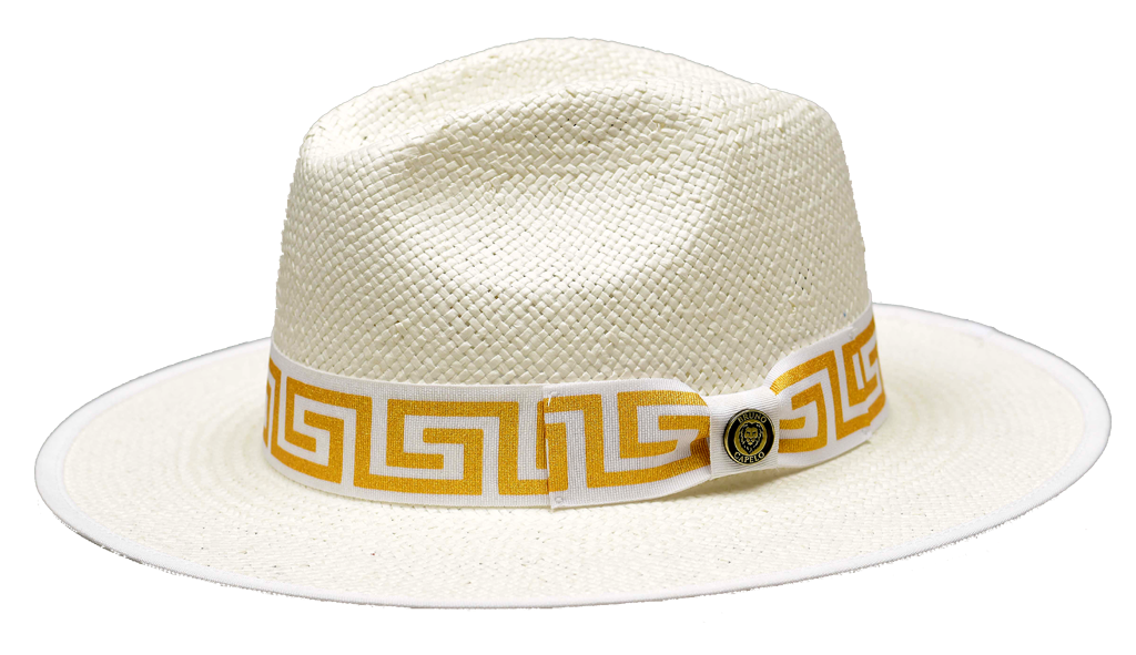 Bruno Capelo Valentino Straw Wide Brim Fedora Hat | VA-405 White with Gold Geometric Versace-like Print Band