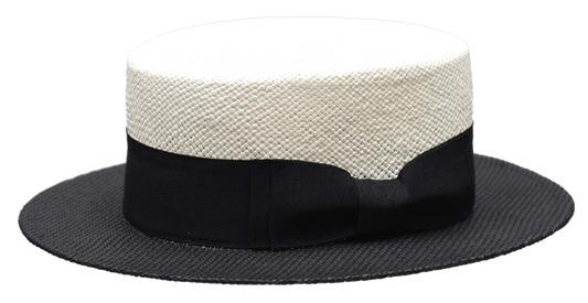 Bruno Capelo 2-Tone The BOATER NATURAL STRAW FLAT CROWN BOATER/Skimmer GAUCHO HAT | BC-700 White/Black