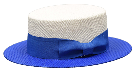 Bruno Capelo 2-Tone The BOATER NATURAL STRAW FLAT CROWN BOATER/Skimmer GAUCHO HAT | BC-702 White/Royal Blue