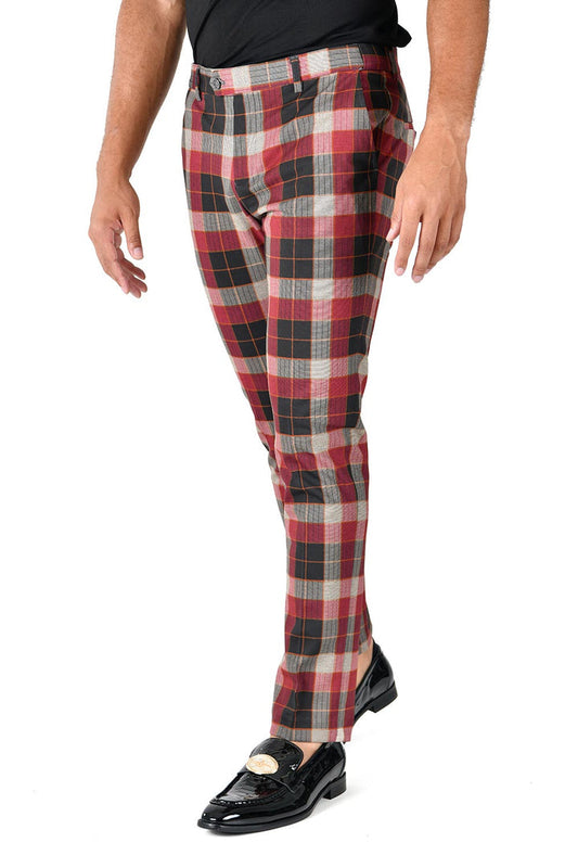 Barabas CP126 BE LOVELY WINE Grey and Red  Checkered Slim Fit Dress Pant