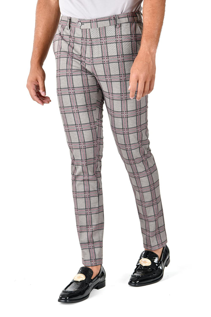 Barabas CP130 DON'T MESS WITH ME Light Grey and Pink Checkered Slim Fit Dress Pant