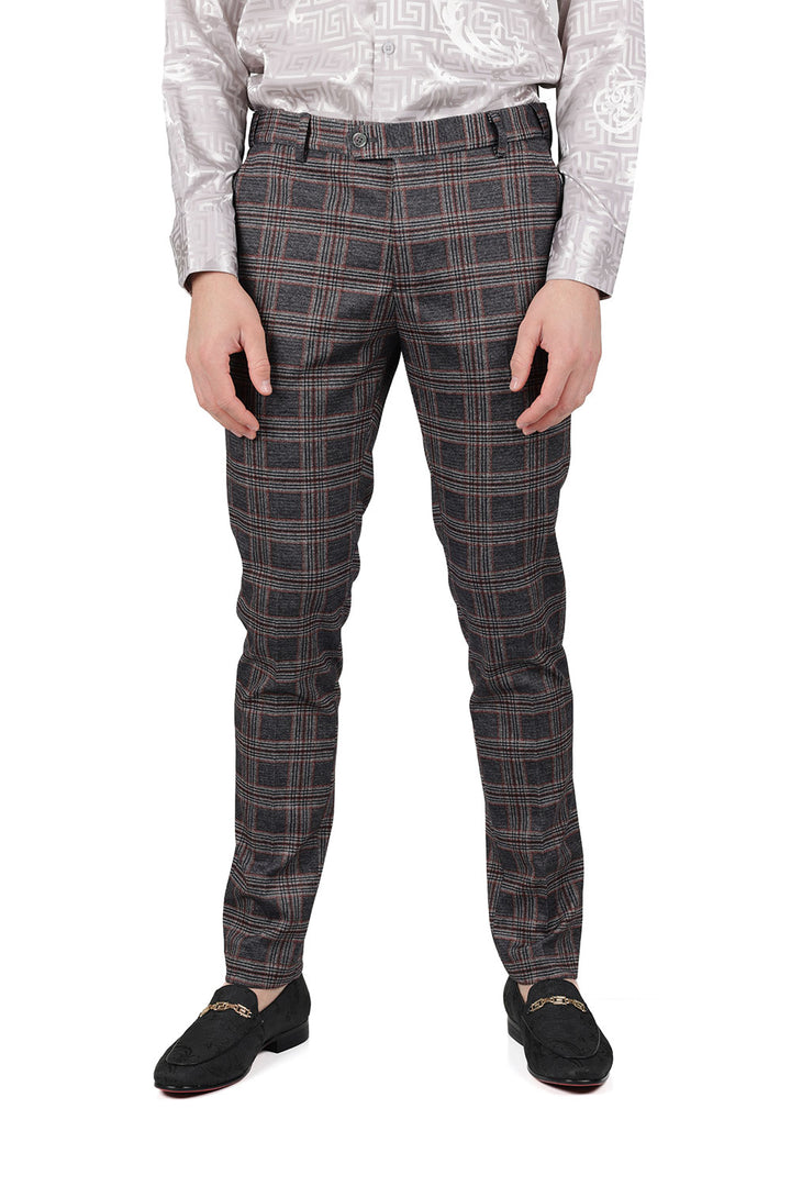 Barabas CP156 BABY BEAT Grey and Orange Checkered Slim Fit Dress Pant