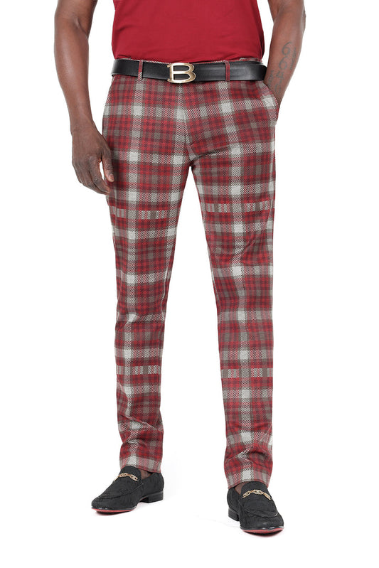 Barabas CP181 SHEPHERD’S CHECK Wine and Grey Checkered Slim Fit Dress Pant