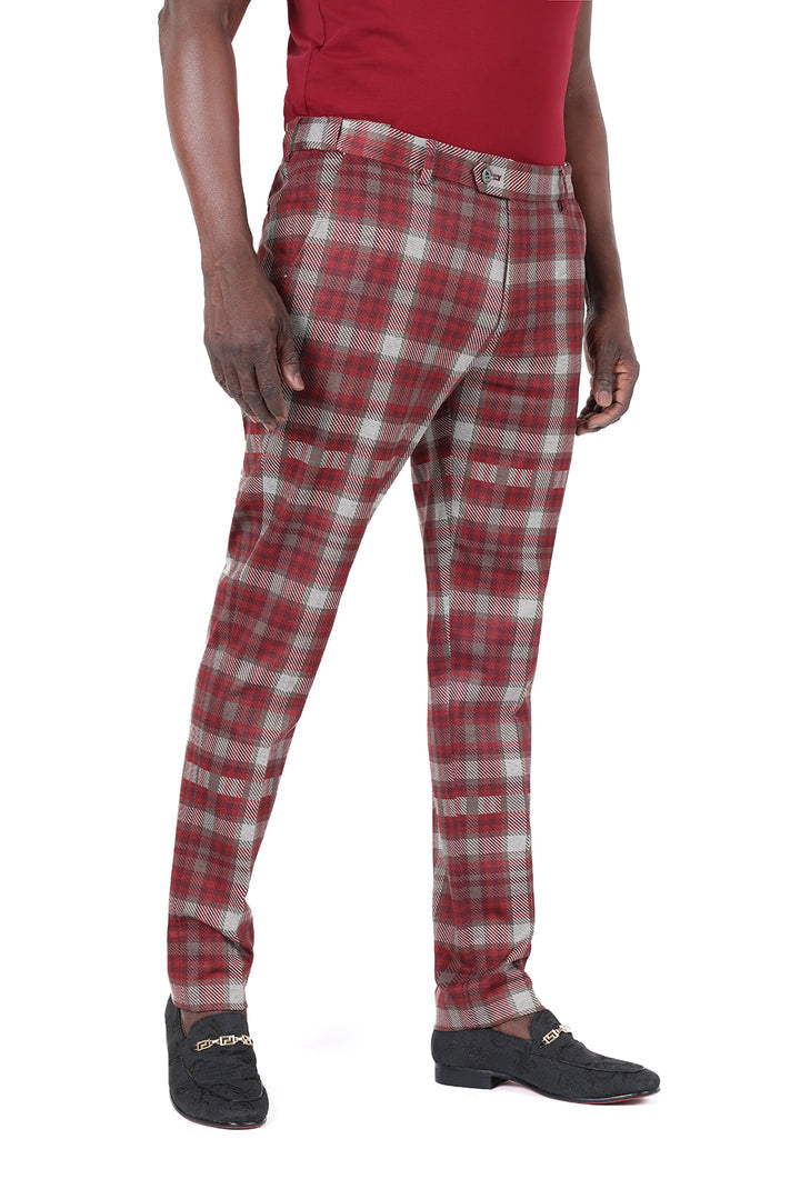 Barabas CP181 SHEPHERD’S CHECK Wine and Grey Checkered Slim Fit Dress Pant