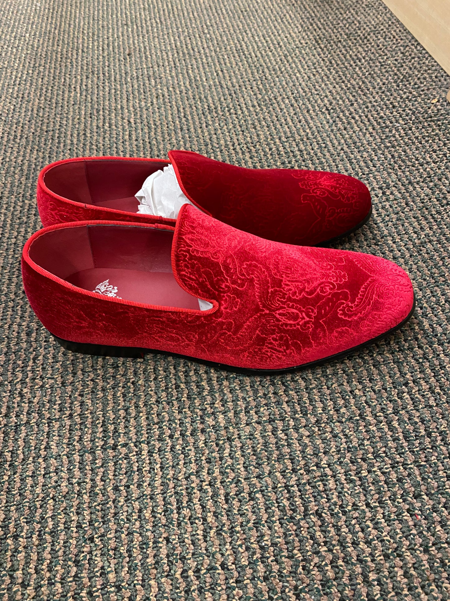 Royal Shoes Red Paisley Slip-on Men’s Smoking Slippers Red Bottom Dress Shoes Sizes 8-13