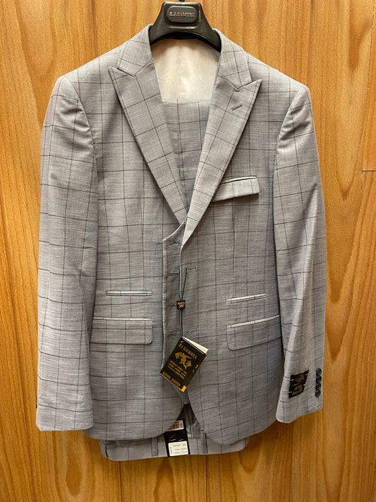 EJ Samuel Gray with Black Windowpane checks 3-Piece Suit 36R 30W