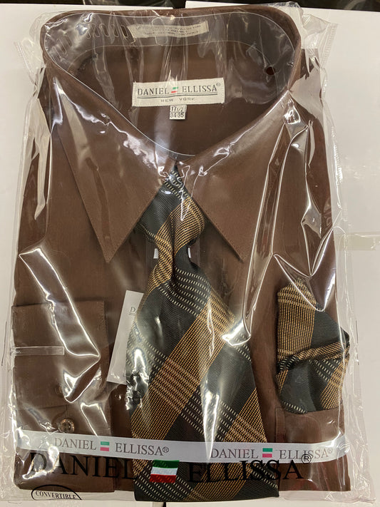 Daniel Ellissa DS3001 Dark Brown Convertible cuff Men’s Dress Shirt