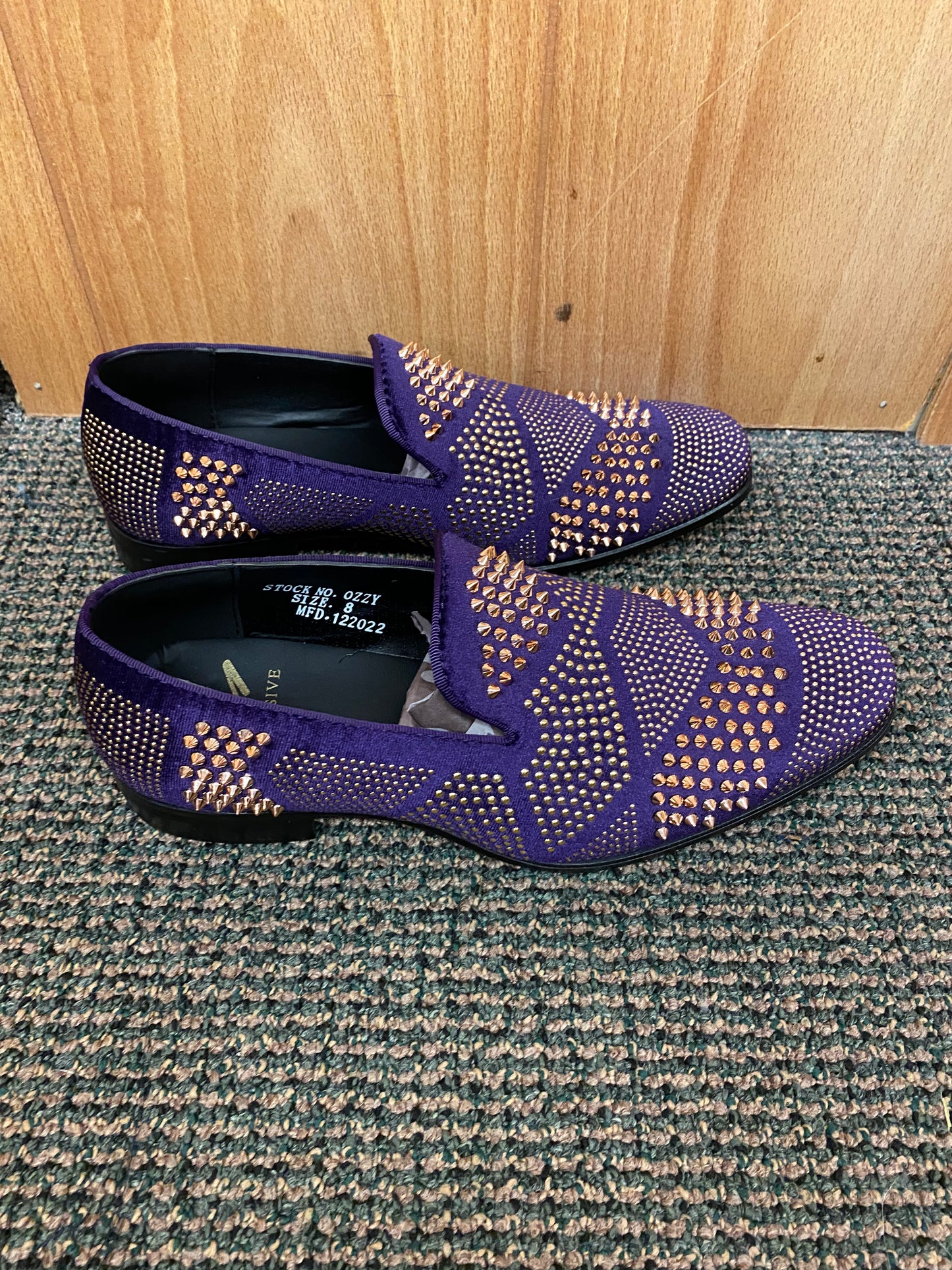 After Midnite Exclusive Ozzy Purple/Gold Spike Men’s Smoking Slip-on Red Bottom Men’s Dress/Prom Shoes