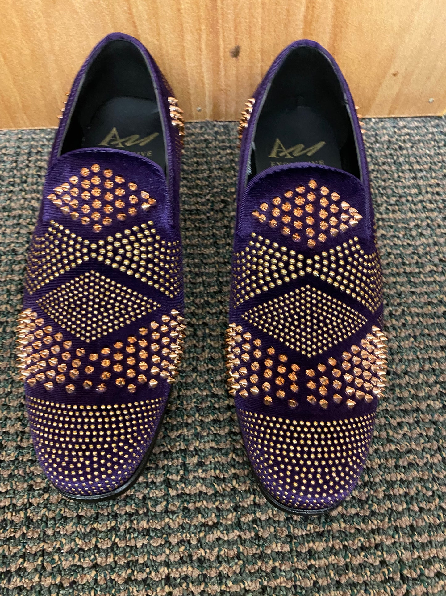 After Midnite Exclusive Ozzy Purple/Gold Spike Men’s Smoking Slip-on Red Bottom Men’s Dress/Prom Shoes